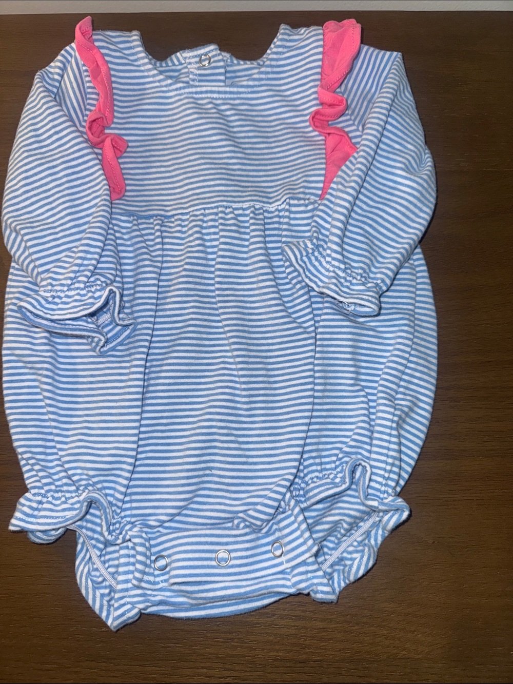 Trotter St Kids Blue & White Striped Baby Romper with Pink Ruffle Trim 9M